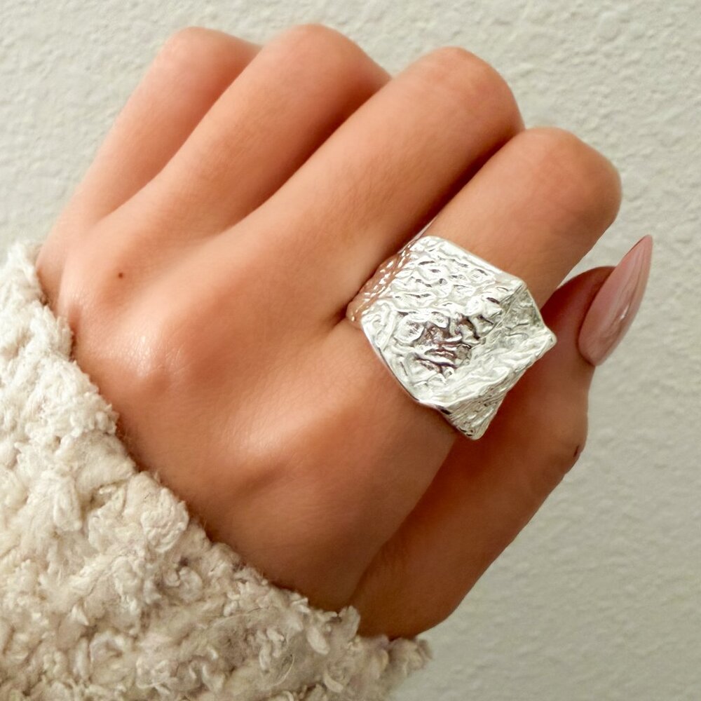 925 Sterling Silver Chunky Ring Irregular Geometric Ring Textured Statement Ring - Picture 2 of 11